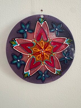 Hand-Painted Glass Floral Mandala Art - Purple and Pink